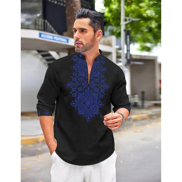 ❤️Men's Black Shirt Long Sleeve Floral Print Casual Cotton Beach Hippie T Shirt - Picture 7 of 9